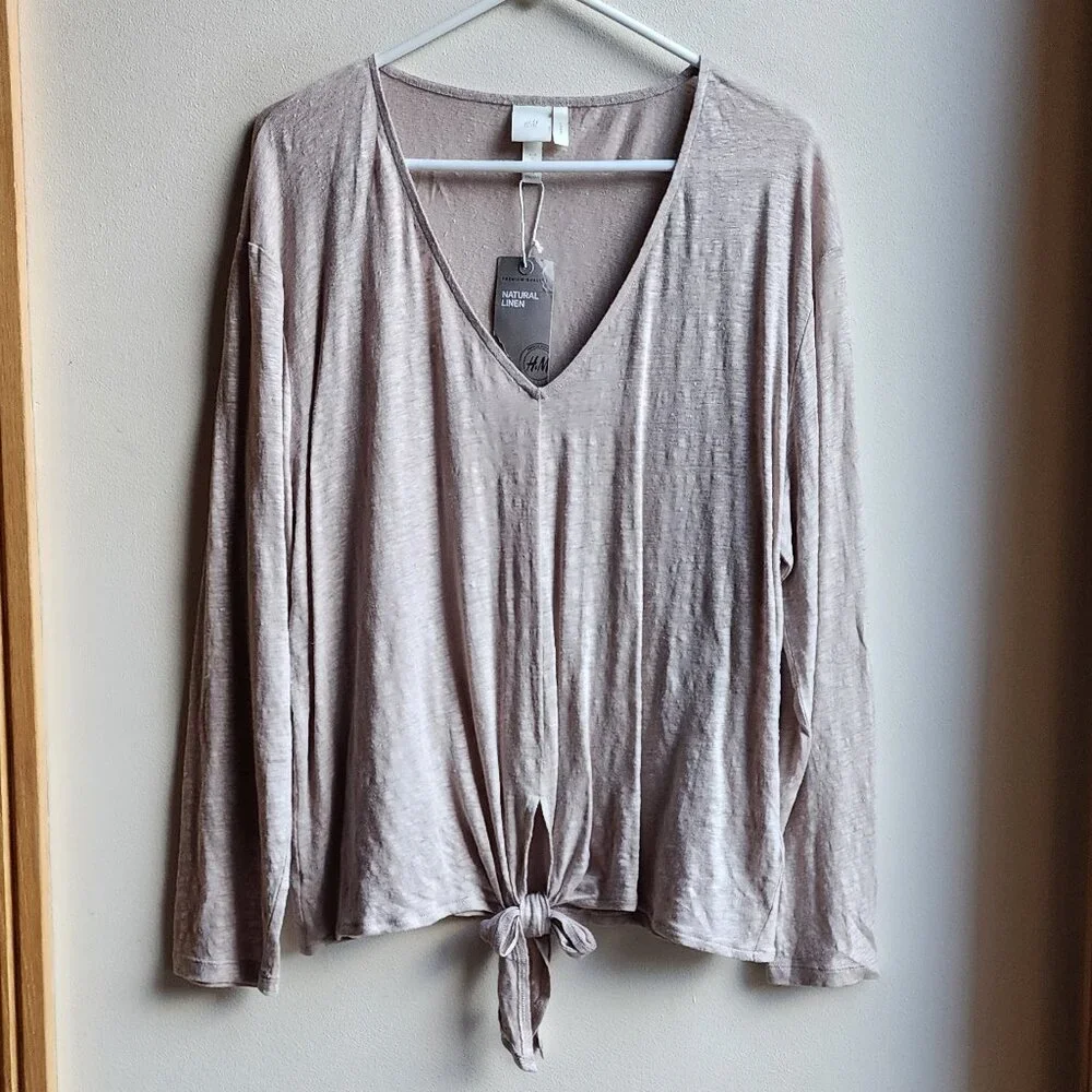 NWT H&M Natural 100% Linen V-Neck Tie-Front Jersey Size XL